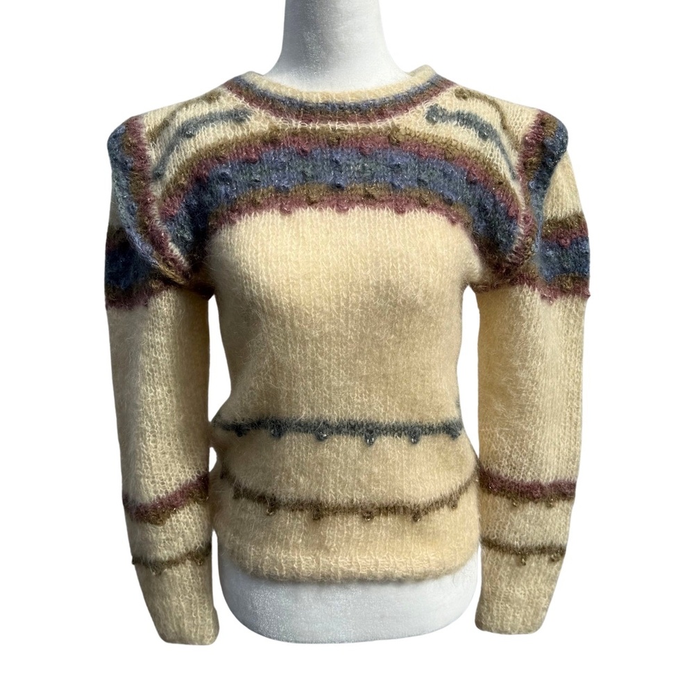 Vintage Hand-Knit Mohair Blend Sweater – Pastel Stripes, Fuzzy 80s‎ Cottagecore